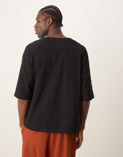 ASOS DESIGN linen look oversized t-shirt with boat neck in black