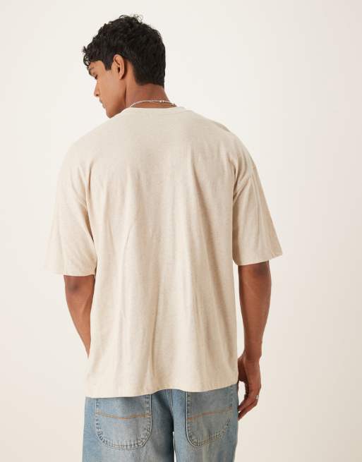 ASOS DESIGN linen-look oversized t-shirt with floral embroidery in natural, 3 of 4