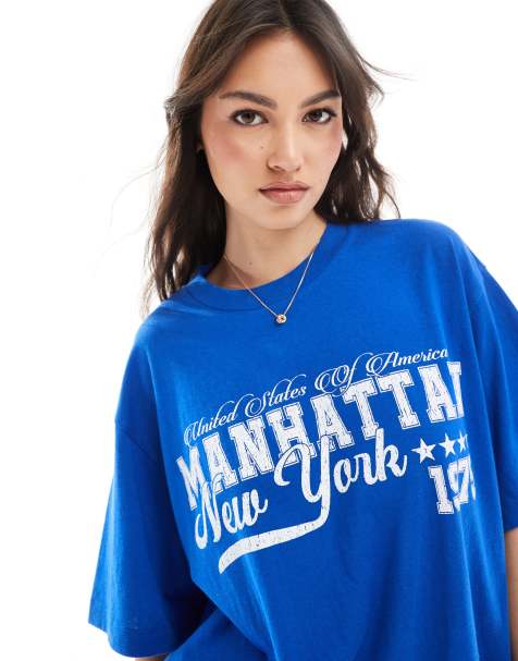 ASOS DESIGN linen look oversized tee with new york graphic in bright blue - view 1