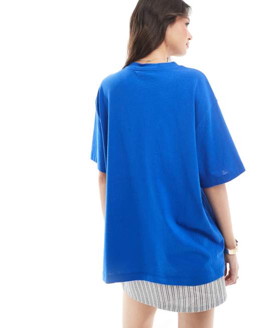 ASOS DESIGN linen look oversized tee with new york graphic in bright blue