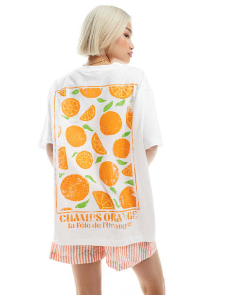 ASOS DESIGN linen look oversized tee with orange back graphic in white - view 1