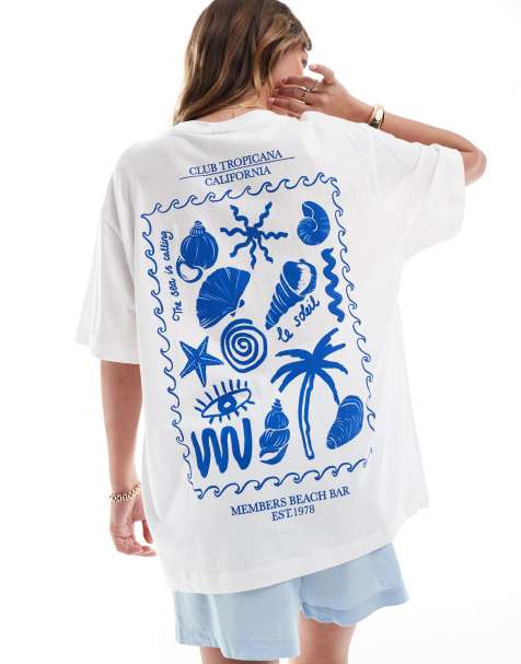 ASOS DESIGN linen look oversized tee with shell back graphic in white - view 1
