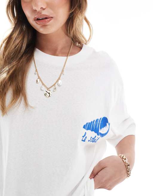 ASOS DESIGN linen look oversized tee with shell back graphic in white