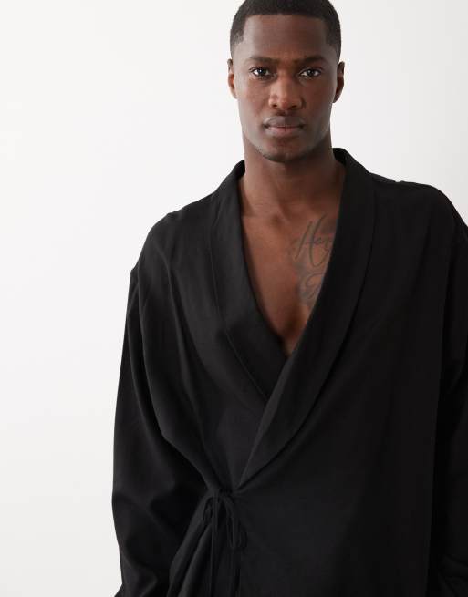 ASOS DESIGN linen look oversized wrap tie shirt in black, 4 of 5