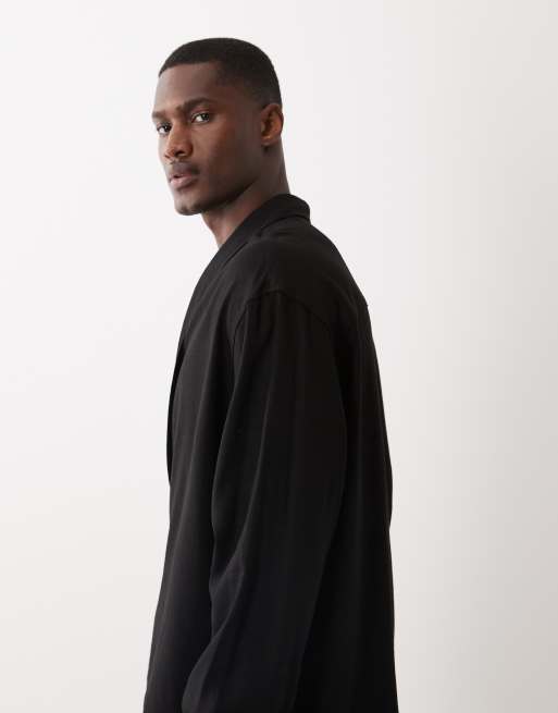 ASOS DESIGN linen look oversized wrap tie shirt in black, 5 of 5
