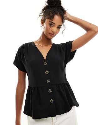 ASOS DESIGN linen look peplum button front top in black