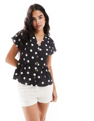 linen look peplum button front top in mono spot-Multi