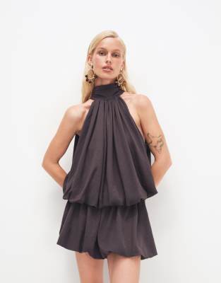 Asos Design Linen Look Puffball Halter Neck Top In Gray