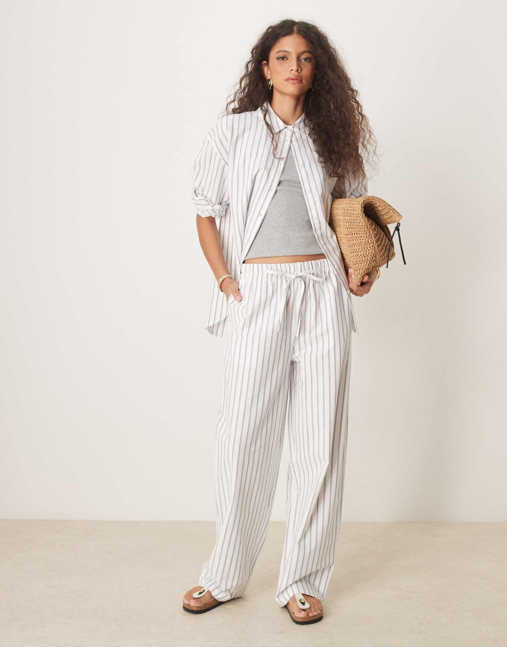 asos design linen look pull on pants in black stripe - part of a set