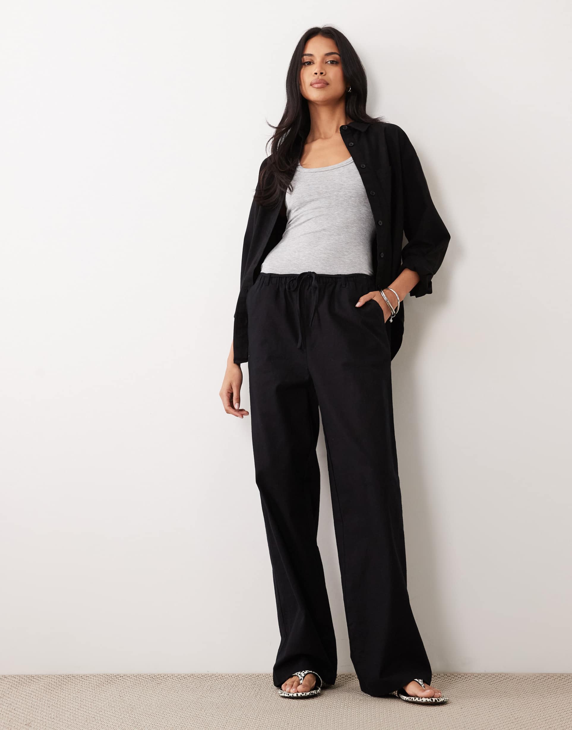 asos design linen look pull on pants in black