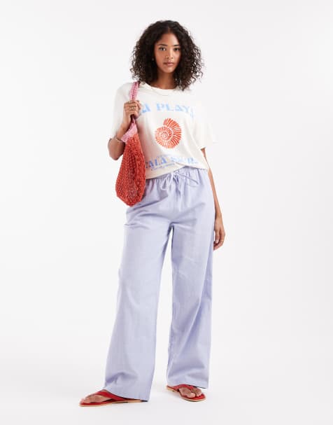 ASOS DESIGN linen look pull on pants in blue - view 1