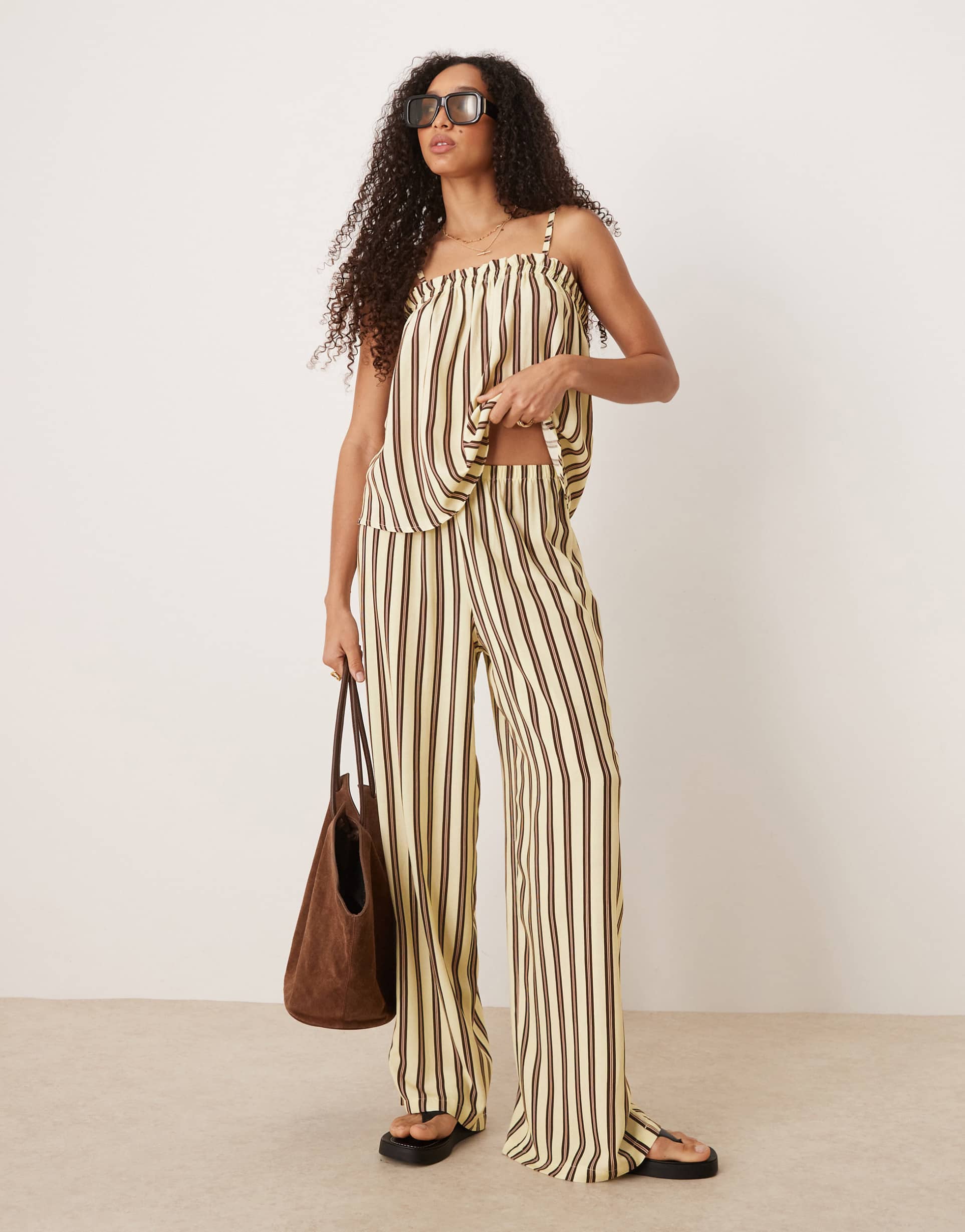 asos design linen look pull on pants in buttermilk stripe