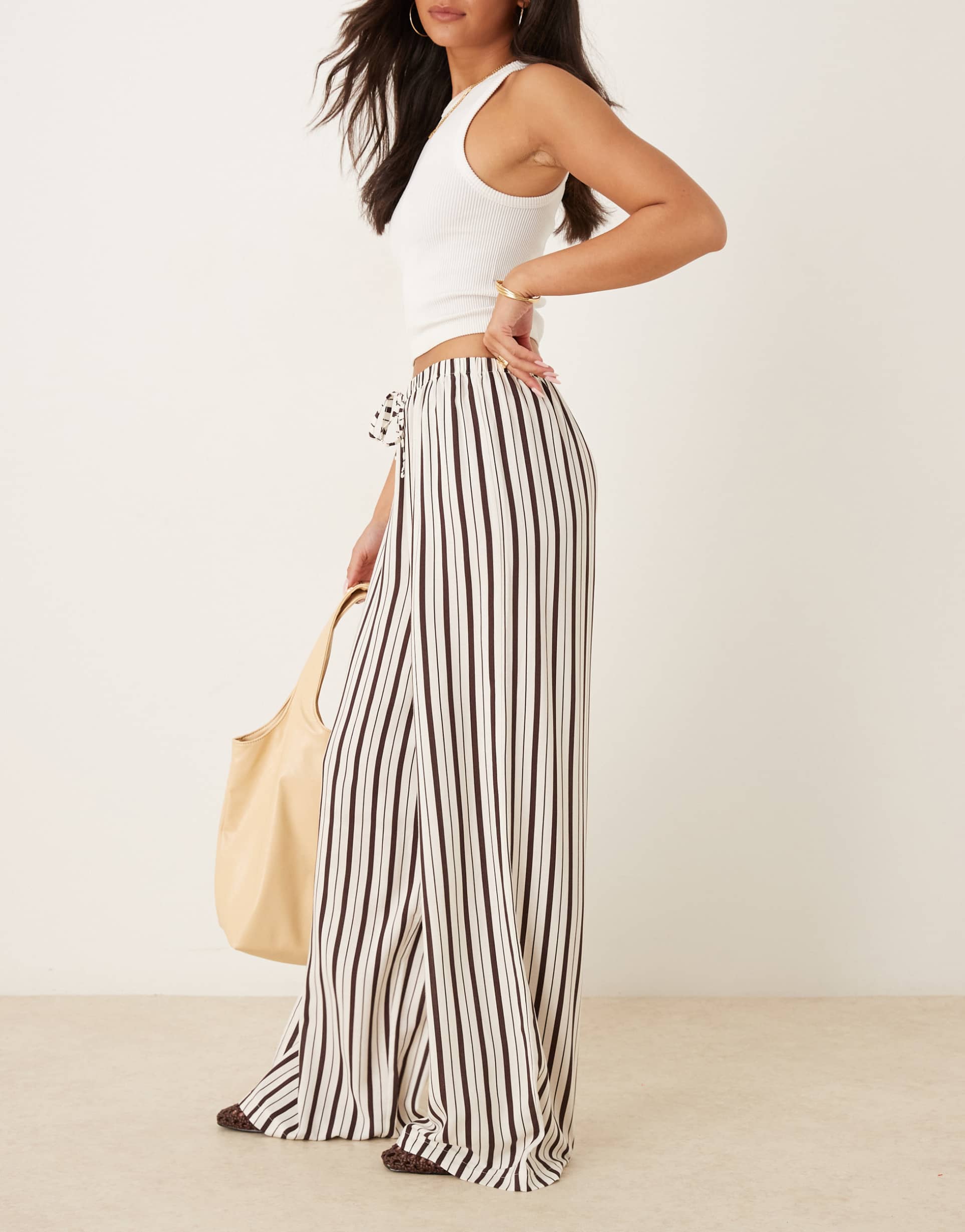 asos design linen look pull on pants in choc pinstripe