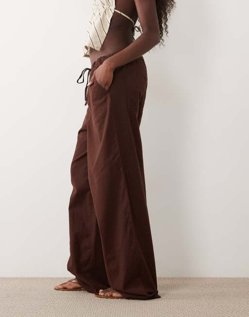ASOS DESIGN linen look pull on pants in chocolate, 2 of 5