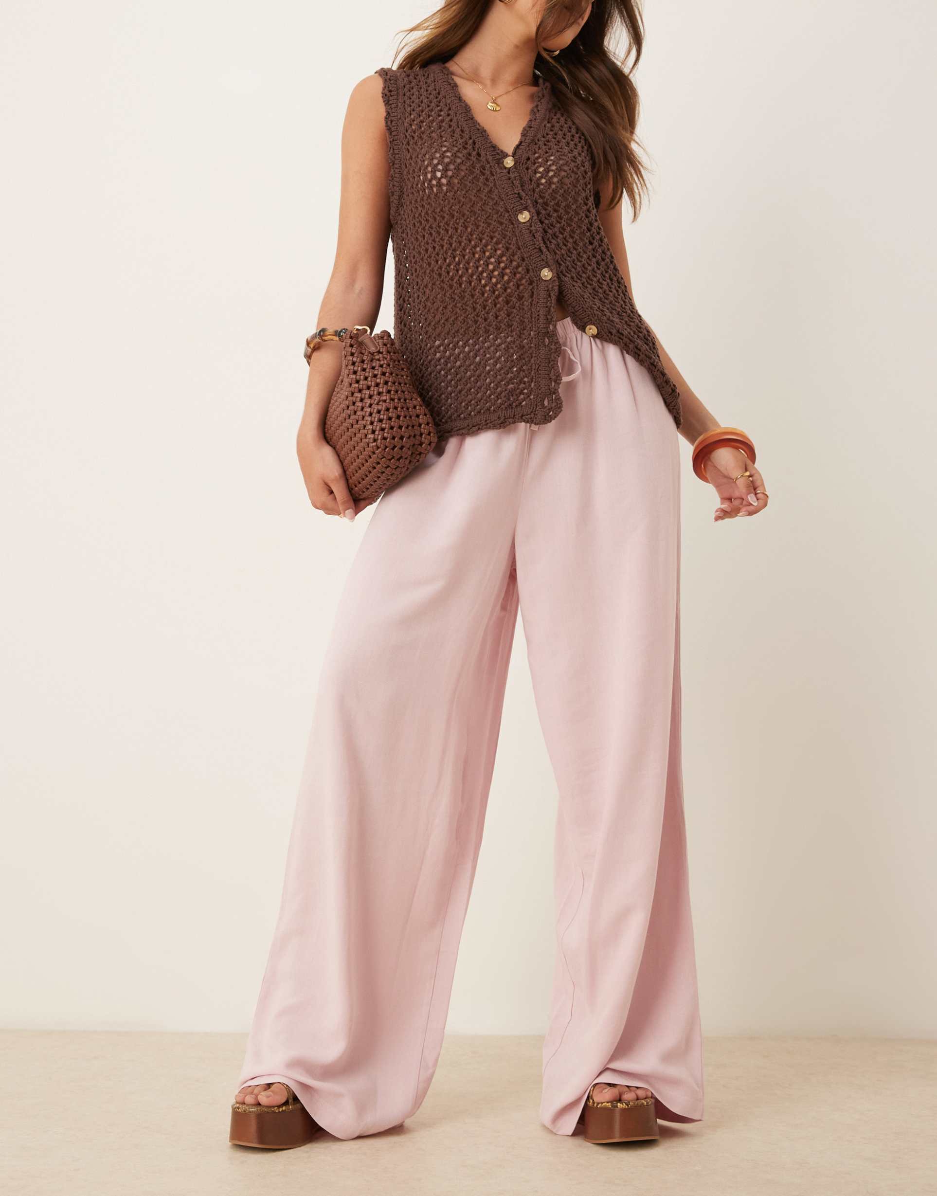 asos design linen look pull on pants in dusty pink