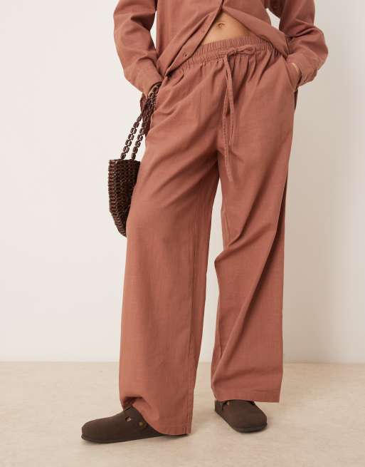 ASOS DESIGN linen look pull-on pants in mocha - part of a set