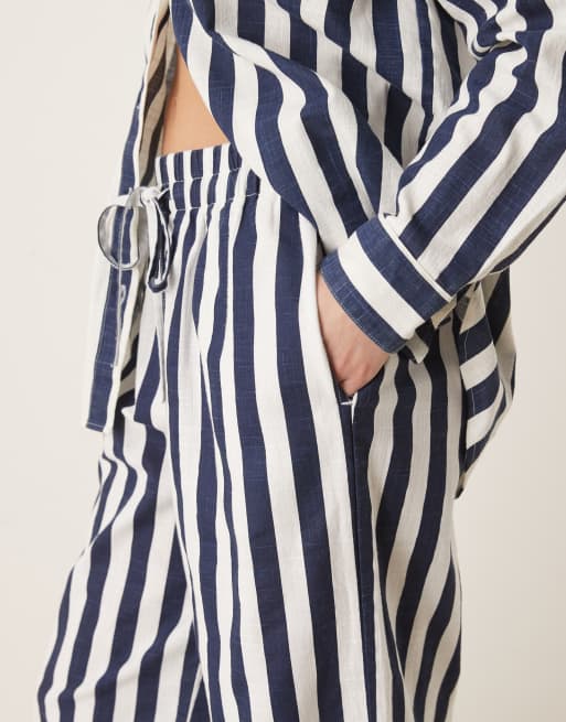ASOS DESIGN linen look pull on pants in navy stripe - part of a set, 4 of 5
