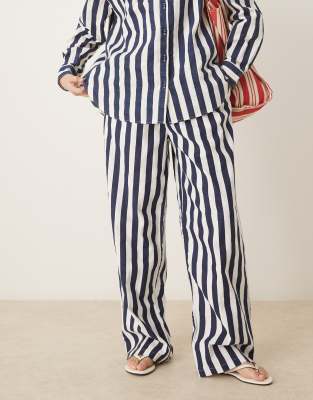 ASOS DESIGN linen look pull on pants in navy stripe - part of a set