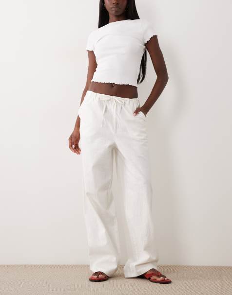 ASOS DESIGN linen look pull on pants in off white - view 1