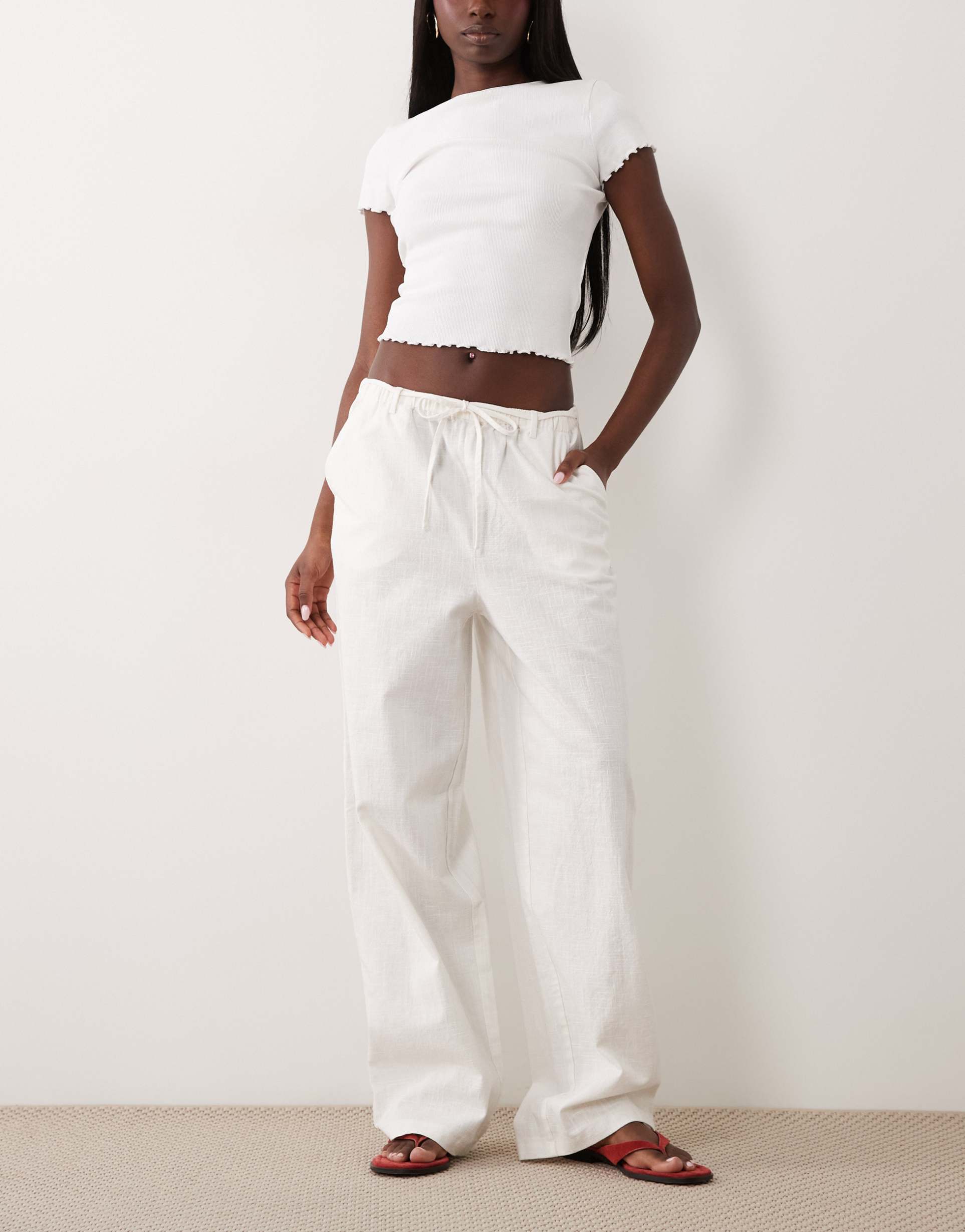 asos design linen look pull on pants in off white