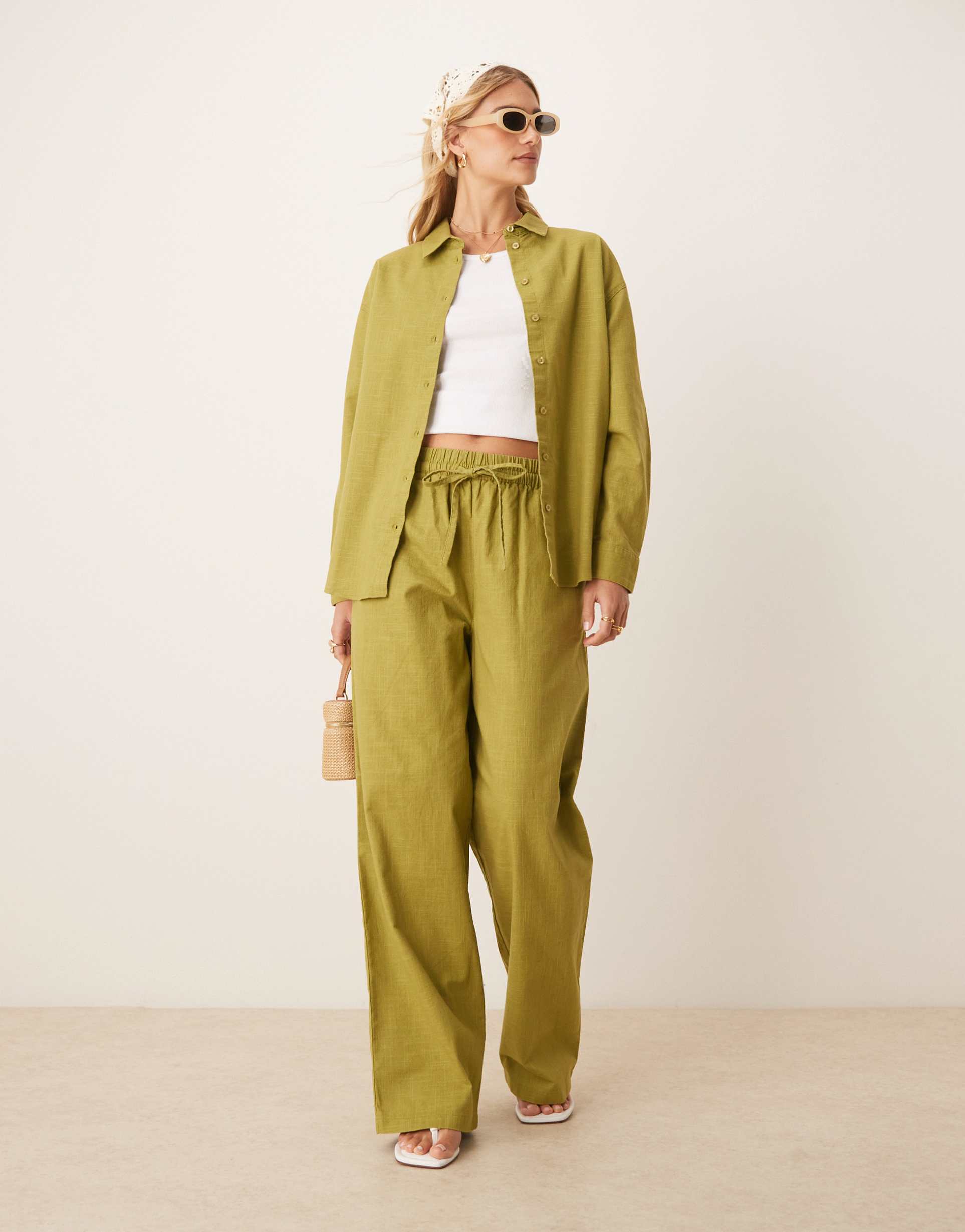 asos design linen look pull on pants in olive - part of a set