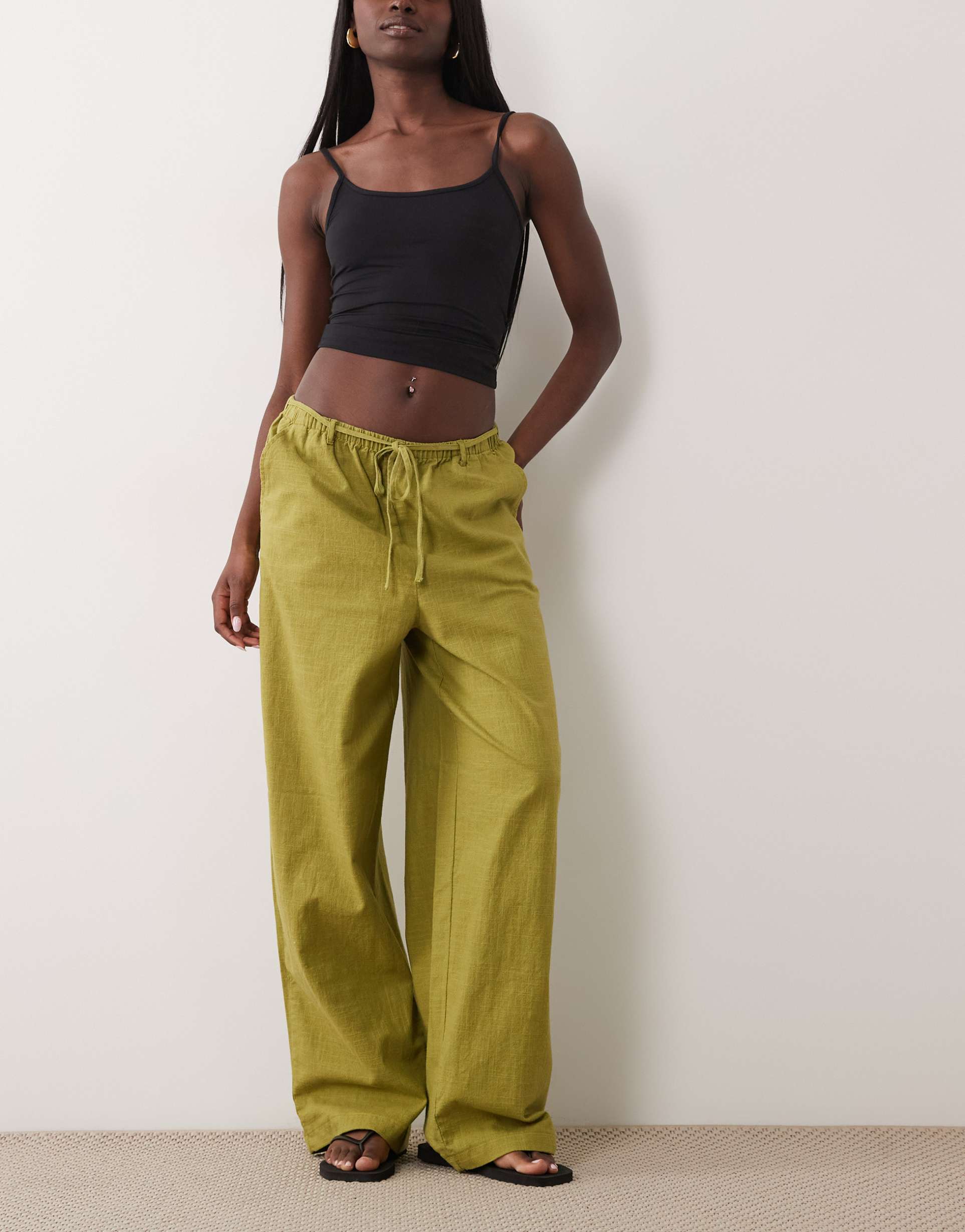 asos design linen look pull on pants in olive