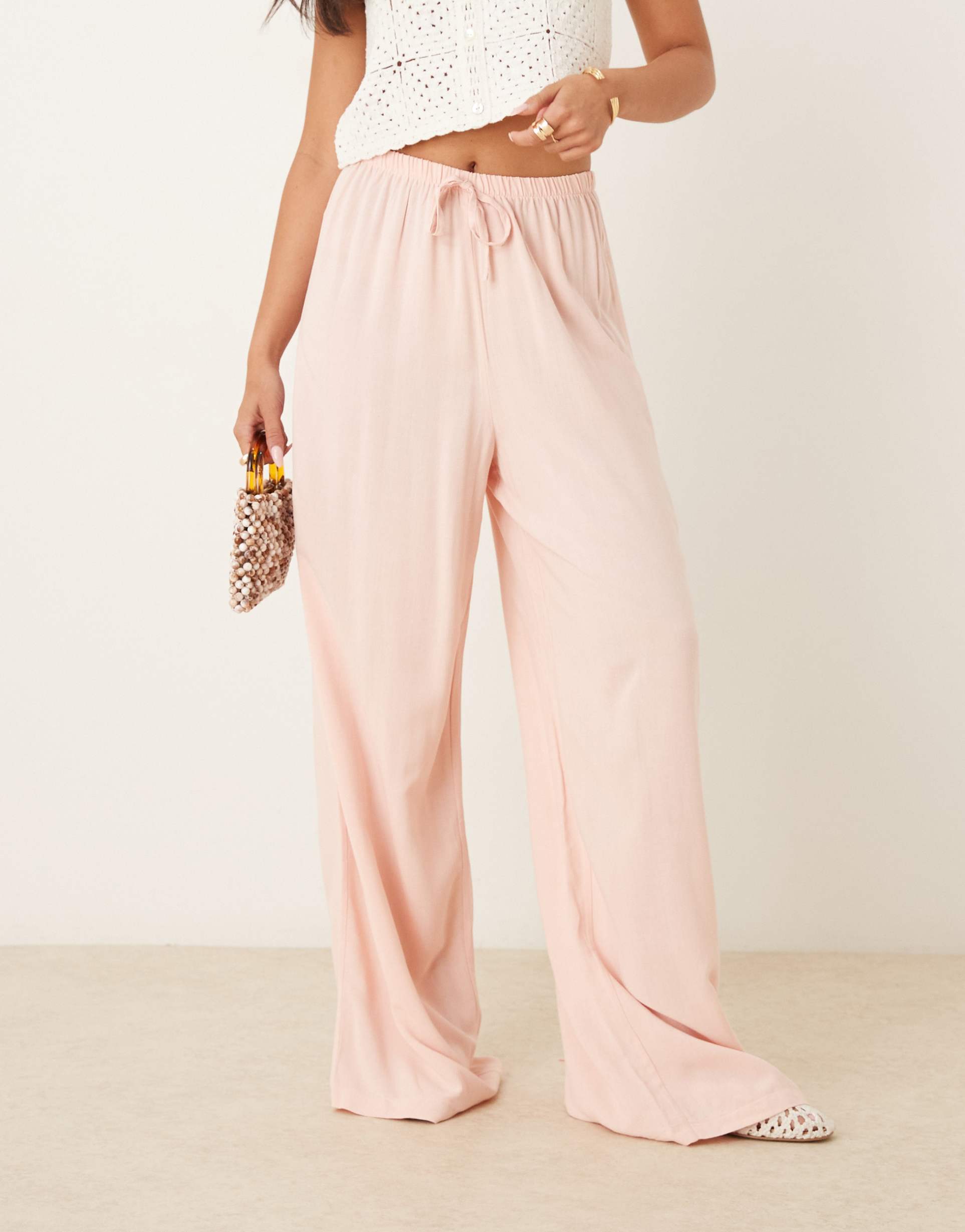 asos design linen look pull on pants in pink