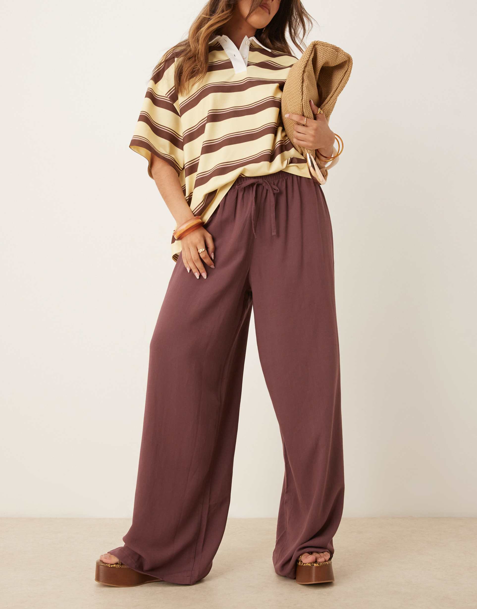 asos design linen look pull on pants in plum