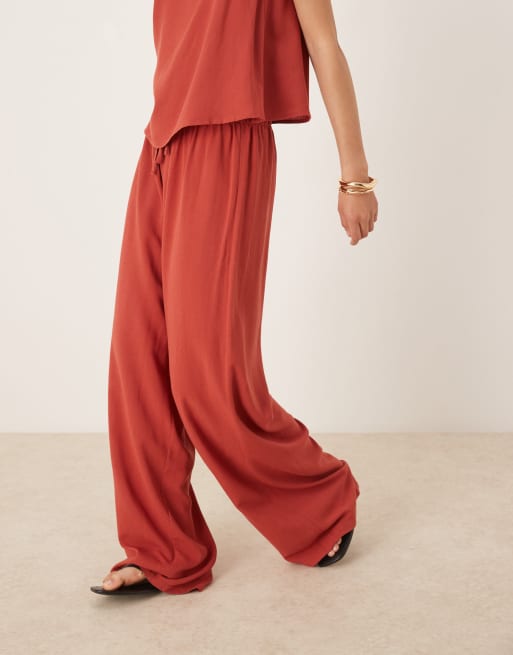 ASOS DESIGN linen look pull on pants in rust 