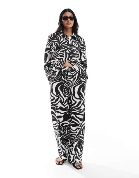 ASOS DESIGN linen look pull on pants in spliced zebra print (part of a set) - view 1