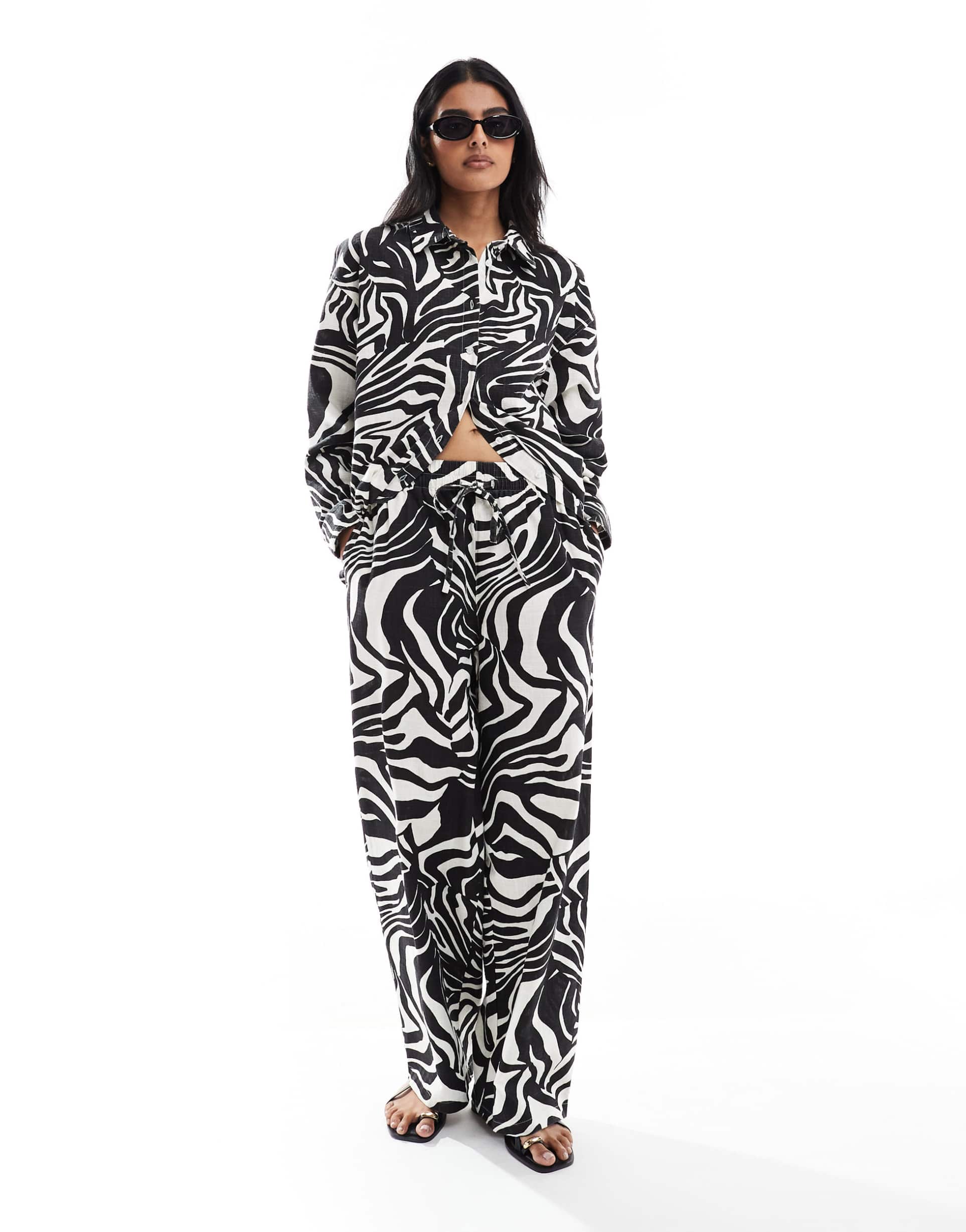 asos design linen look pull on pants in spliced zebra print - part of a set