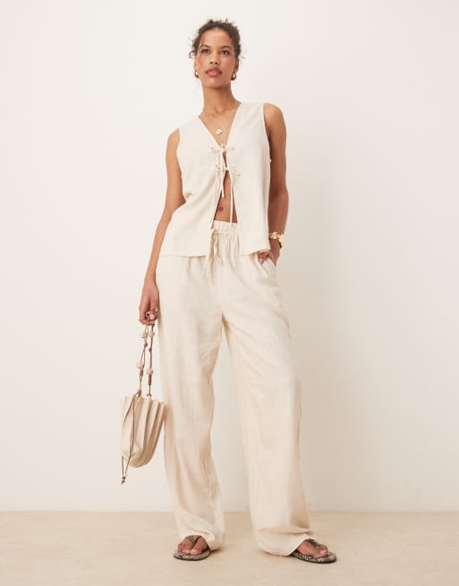 ASOS DESIGN linen look pull on pants in stone (part of a set)