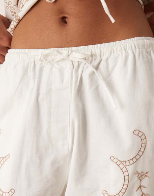 ASOS DESIGN linen look pull on pants with embroidery in white - part of a set