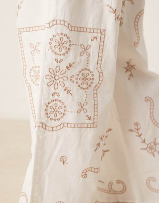 ASOS DESIGN linen look pull on pants with embroidery in white - part of a set
