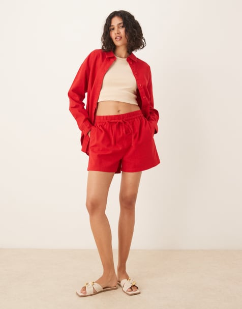 ASOS DESIGN linen look pull on shorts co-ord in red - view 1