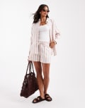 [ASOS DESIGN] ASOS DESIGN linen-look pull-on shorts in mink stripe (Part of a set)-Pink XS Mink Stripe