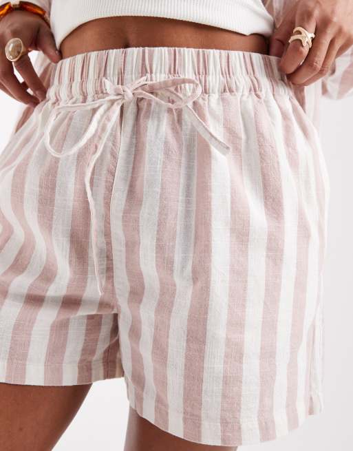ASOS DESIGN linen-look pull-on shorts in mink stripe - part of a set 