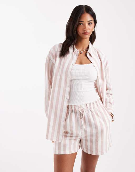 ASOS DESIGN linen-look pull-on shorts in mink stripe - part of a set 