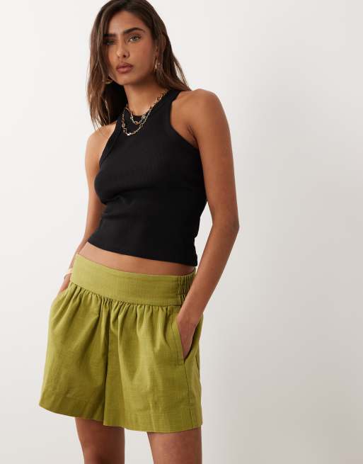 ASOS DESIGN linen look pull on shorts in olive, 2 of 5
