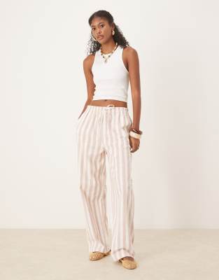 linen look pull-on tapered pants in mink stripe - part of a set-Multi
