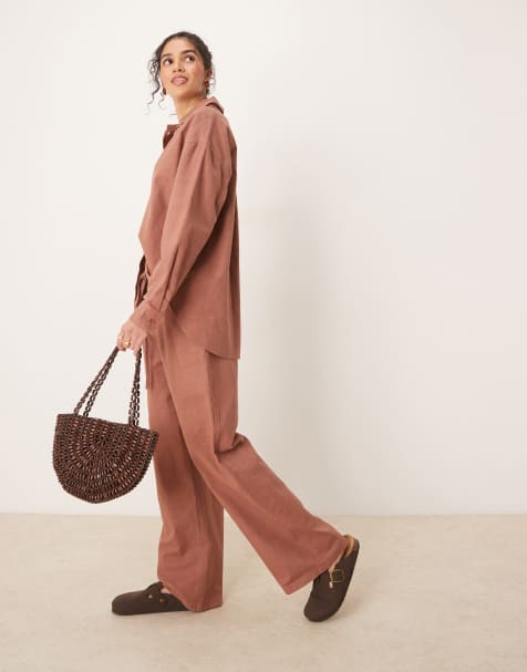 ASOS DESIGN linen look pull on trousers co-ord in mocha - view 1