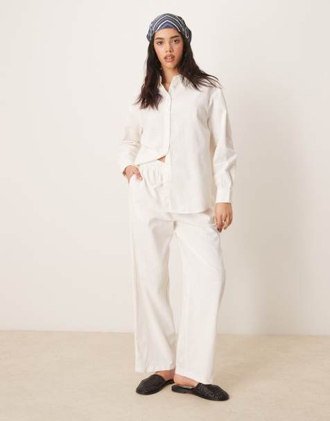 ASOS DESIGN linen look pull on trousers co-ord in off white - view 1