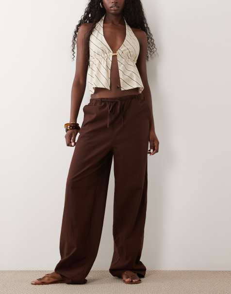 ASOS DESIGN linen look pull on trousers in chocolate - view 1