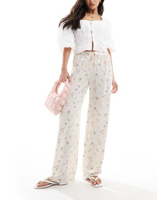 ASOS DESIGN linen look pull on wide leg pants in ditsy print