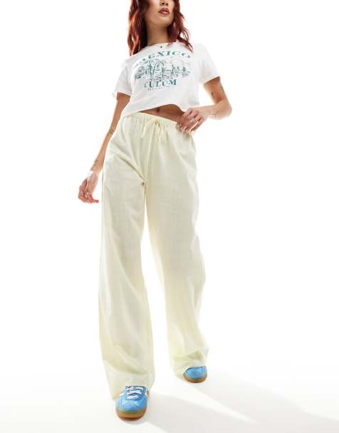 ASOS DESIGN linen look pull on wide leg pants in lemon - view 1