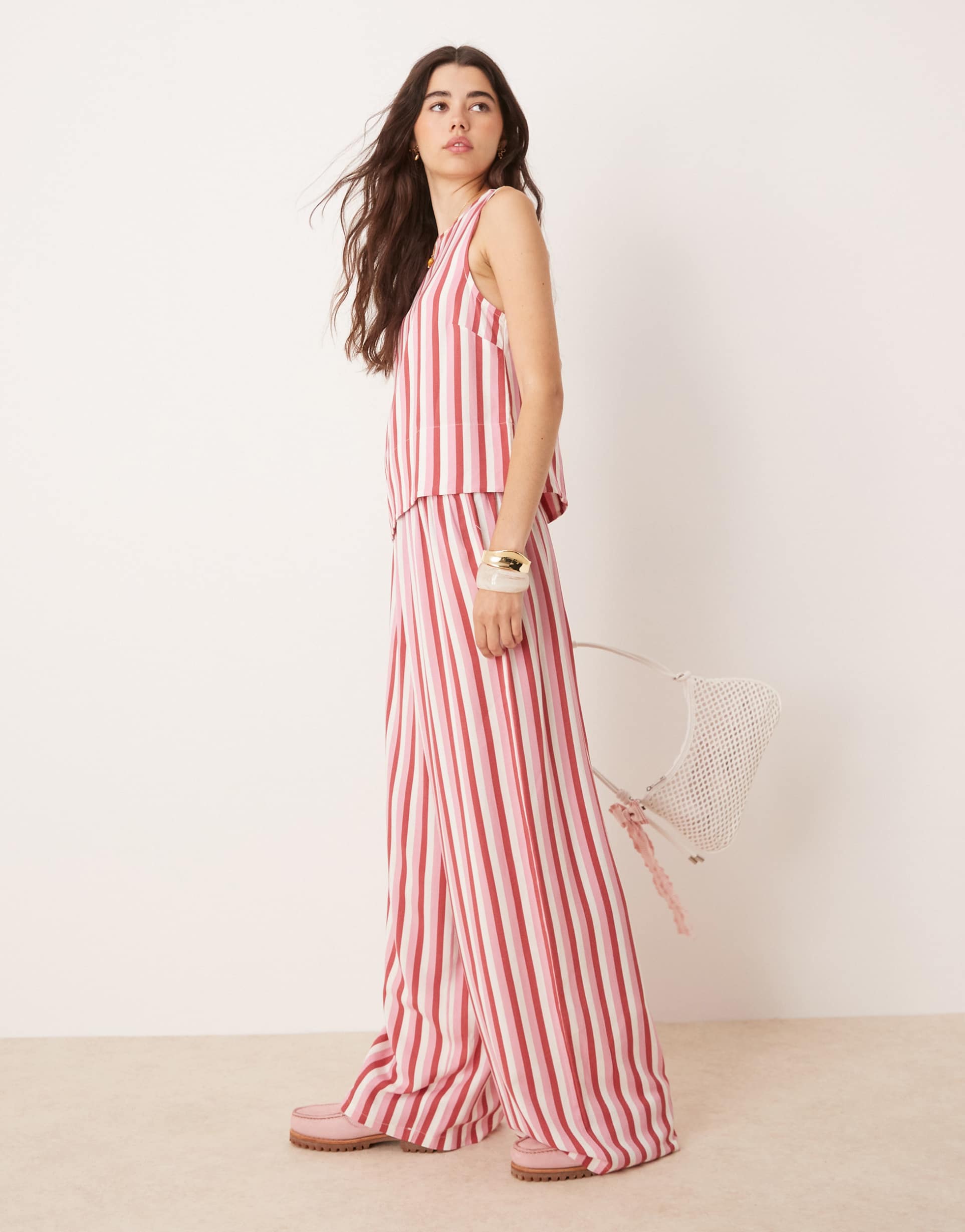 asos design linen look pull on wide leg pants in pink stripes