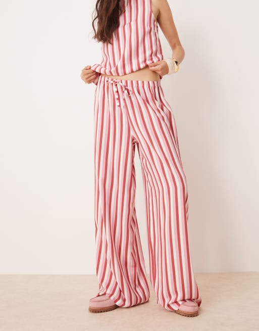ASOS DESIGN linen look pull on wide leg pants in pink stripes