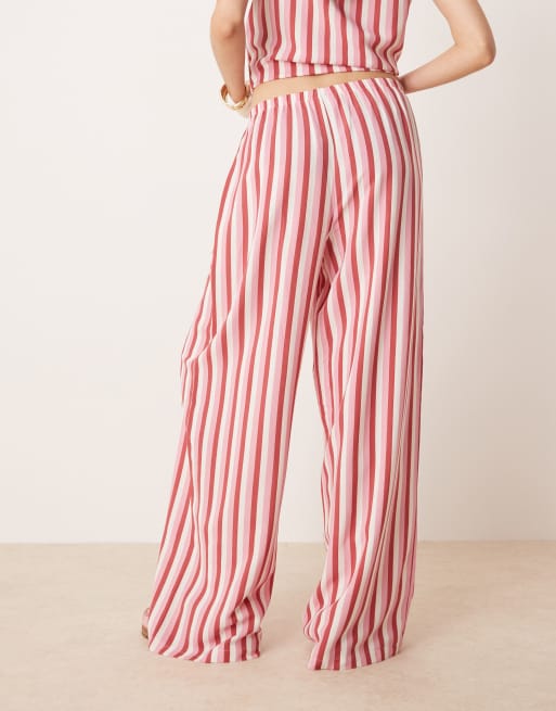 ASOS DESIGN linen look pull on wide leg pants in pink stripes, 4 of 5