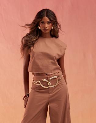 Asos Design Linen Look Raw Edge Shell Top In Mocha - Part Of A Set-brown