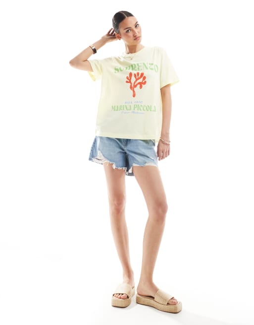 ASOS DESIGN linen look regular fit t-shirt with coral graphic in lemon, 3 of 4